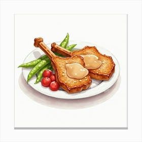 A Charming Watercolor Image Of A Plate Of Tender And Juicy Pork Chops With Apple Sauce Canvas Print