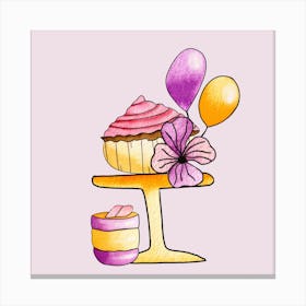 Gold And Purple Party Cupcakes Square Canvas Print