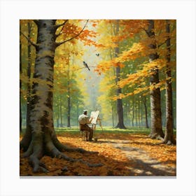 A Painter Lost In Their Craft Standing Before A Canvas In A Secluded Forest Canvas Print