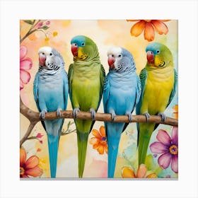 Adorable Budgerigars Perched On A Branch Canvas Print