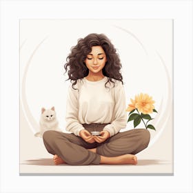 Meditating Girl With Cat Canvas Print