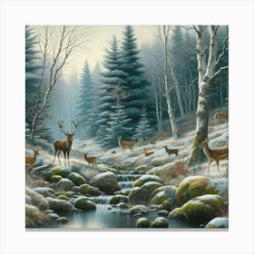 Deer And Birches In The Snow, Acrylic Painting Style Canvas Print