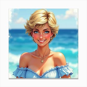 Radiant Princess Diana, Smiling, With A Colorful Watercolor Ocean Scene Canvas Print