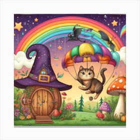 Cat Flying Over A Rainbow Canvas Print