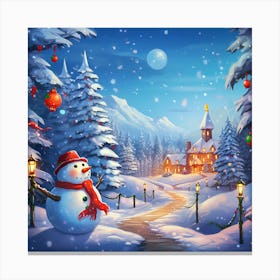 Snowman In The Village 3 Canvas Print