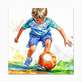 Watercolor Of A Boy Kicking A Soccer Ball Canvas Print