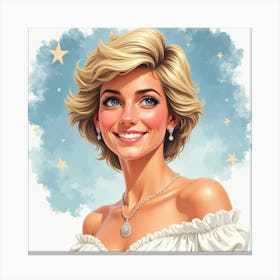 Princess Diana Smiling In A Background Of Soft Watercolor Clouds And Stars 1 Canvas Print