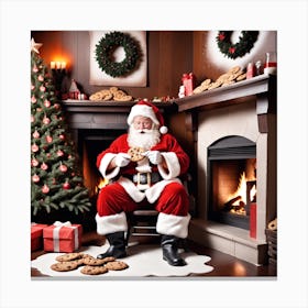 Santa Claus Sitting In Front Of Fireplace Canvas Print