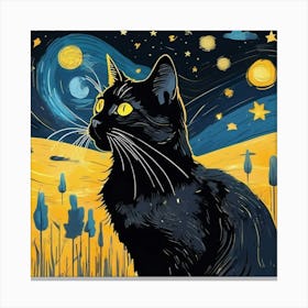 Black Cat Starry Night Canvas Print