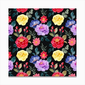 Vibrant and Chic: Free Seamless Watercolor Floral Pattern on Black Background for Your Creative Projects Canvas Print