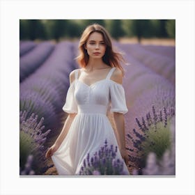Beautiful Woman In White Dress In A Lavander Field 3 Canvas Print