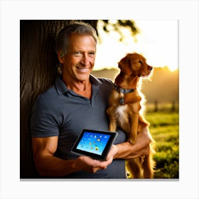 Man Holding Tablet With Dog Canvas Print