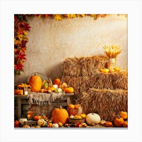 Autumn Harvest Scene Arranged Rustic Style Brimming With Seasonal Abundance Pumpkins Nestled Amon (2) Canvas Print