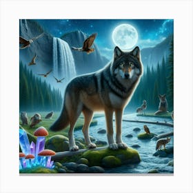 Wolf on the Mushroom Crystal Riverbank 1 Canvas Print