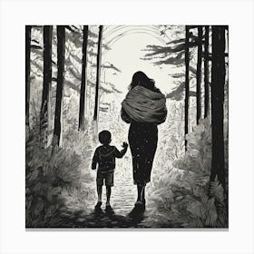 A Mother Carries Her Son In The Middle Of A Forest . Canvas Print