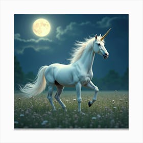 A Graceful Unicorn Galloping Through A Moonlit, Magical Meadow 1 Canvas Print