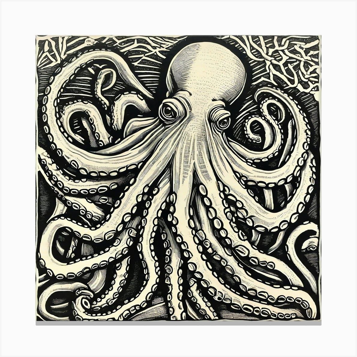 Octopus Theme Signed 4-Inch Linoleum Block Print - Octopus