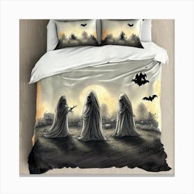 Three Ghouls Cute Bedsheet Ghosts, Countryside Vintage Style, Halloween Spooky Art Print Canvas Print