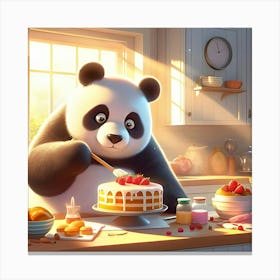 A Panda Bear Baking A Cake In A Sunny Kitchen, Digital Art Canvas Print