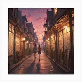 Two Girls Walking Down A Street Canvas Print