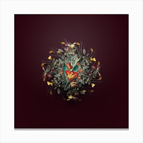 Vintage Parrot Gladiole Floral Wreath on Wine Red n.0437 Canvas Print