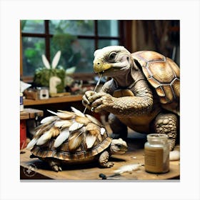 Tortoise Attaching The Feathers To His Shell Using The Special Glue (1) Canvas Print