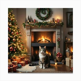 Christmas Cat In Front Of Fireplace Canvas Print