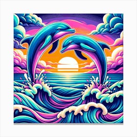 Two Dolphins Jumping Sunset Canvas Print