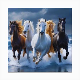 White, brown and Black Horses On The Beach Canvas Print