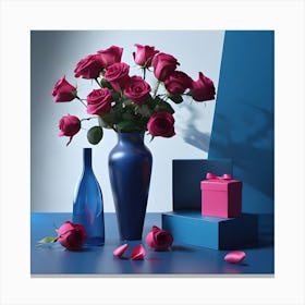 Deep Pink Roses in Tall Blue Vase with Gift Boxes Lienzo