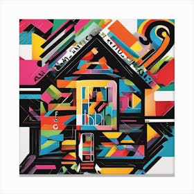 An Image Of A House With Letters On A Black Background, In The Style Of Bold Lines, Vivid Colors, Gr (2) Canvas Print