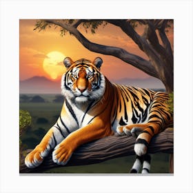 Savana ,tiger, sunset, trees,  Canvas Print