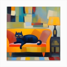 Black Cat On Orange Couch Canvas Print