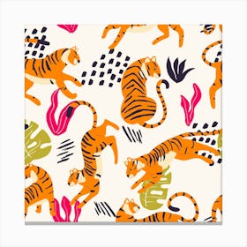 Tiger Pattern On White With Colorful Tropical Leaves Decoration Square Canvas Print