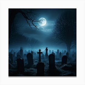 Full Moon Casting An Eerie Glow Over A Cemetery Gravestones Crooked With Names Worn By Time Mist C (5) Canvas Print