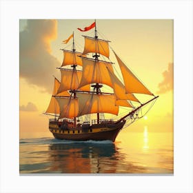 Majestic Galleon In Watercolor Golden Sunset 1 Canvas Print