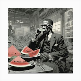 Malcolm X eating a watermelon Canvas Print