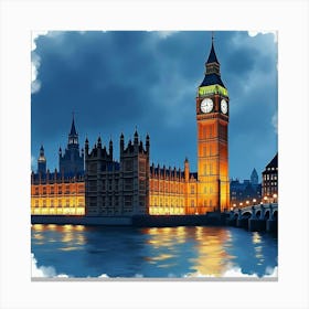 Watercolor Depiction Of The Houses Of Parliament Illuminated At Night, With Big Ben Standing Tall Canvas Print