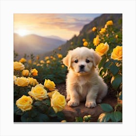 Golden Retriever Puppy In Roses Canvas Print