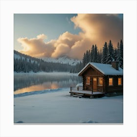 A Snowy Landscape With A Frozen Lake And A Cozy Cabin With Smoke Rising From The Chimney 2 Canvas Print