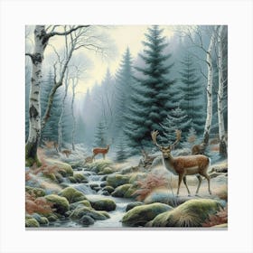 Deer In The Winter Woods, Acrylic Painting Style Canvas Print