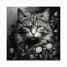 Black Cat With Roses Canvas Print