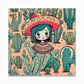 Mexican Girl With Cactus 2 Canvas Print