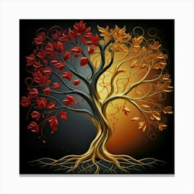 Template: Half red and half black, solid color gradient tree with golden leaves and twisted and intertwined branches 3D oil painting 9 Canvas Print