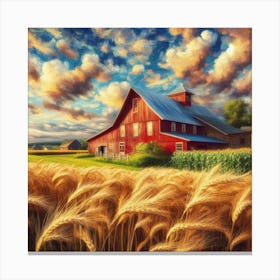 Red Barn In Wheat Field Canvas Print