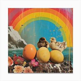 Rainbow Retro Collage Chicks & Eggs 3 Canvas Print