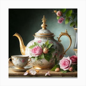 A very finely detailed Victorian style teapot with flowers, plants and roses in the center with a tea cup Canvas Print
