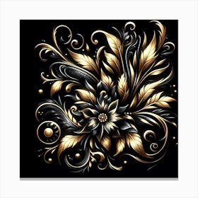 Gold Floral Design On Black Background 1 Canvas Print