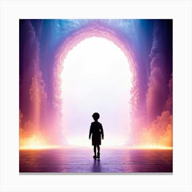 Child Silhouette Emerging Through A Swirling Prismatic Portal Effervescent Colors Radiating Silho (1) Canvas Print