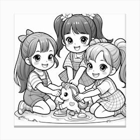 Three Girls Playing With A Toy Canvas Print